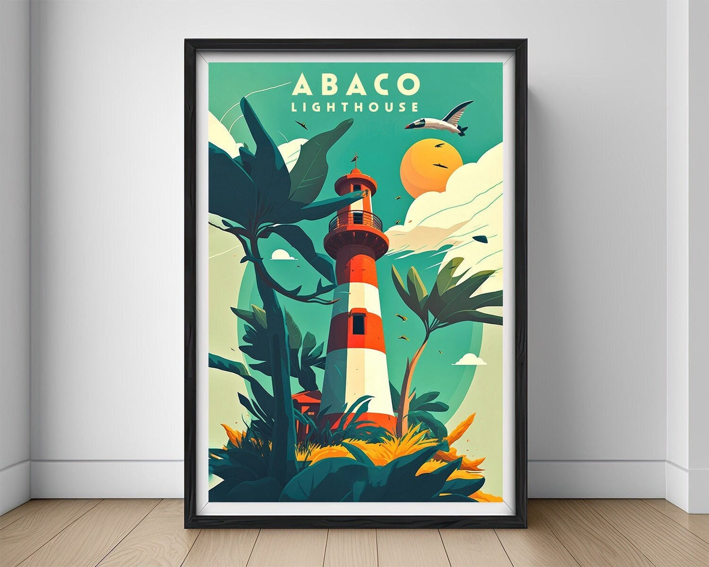 Framed Abaco Lighthouse Travel Poster in Portrait orientation, minimal background, close up wall art print 1