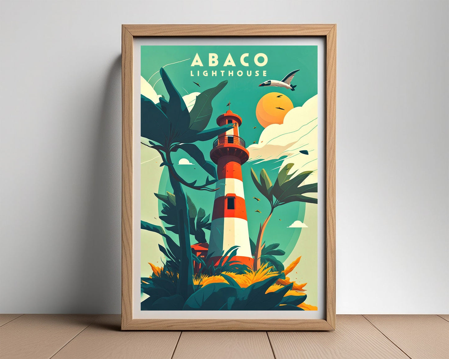 Framed Abaco Lighthouse Travel Poster in Portrait orientation, minimal background, close up wall art print 2