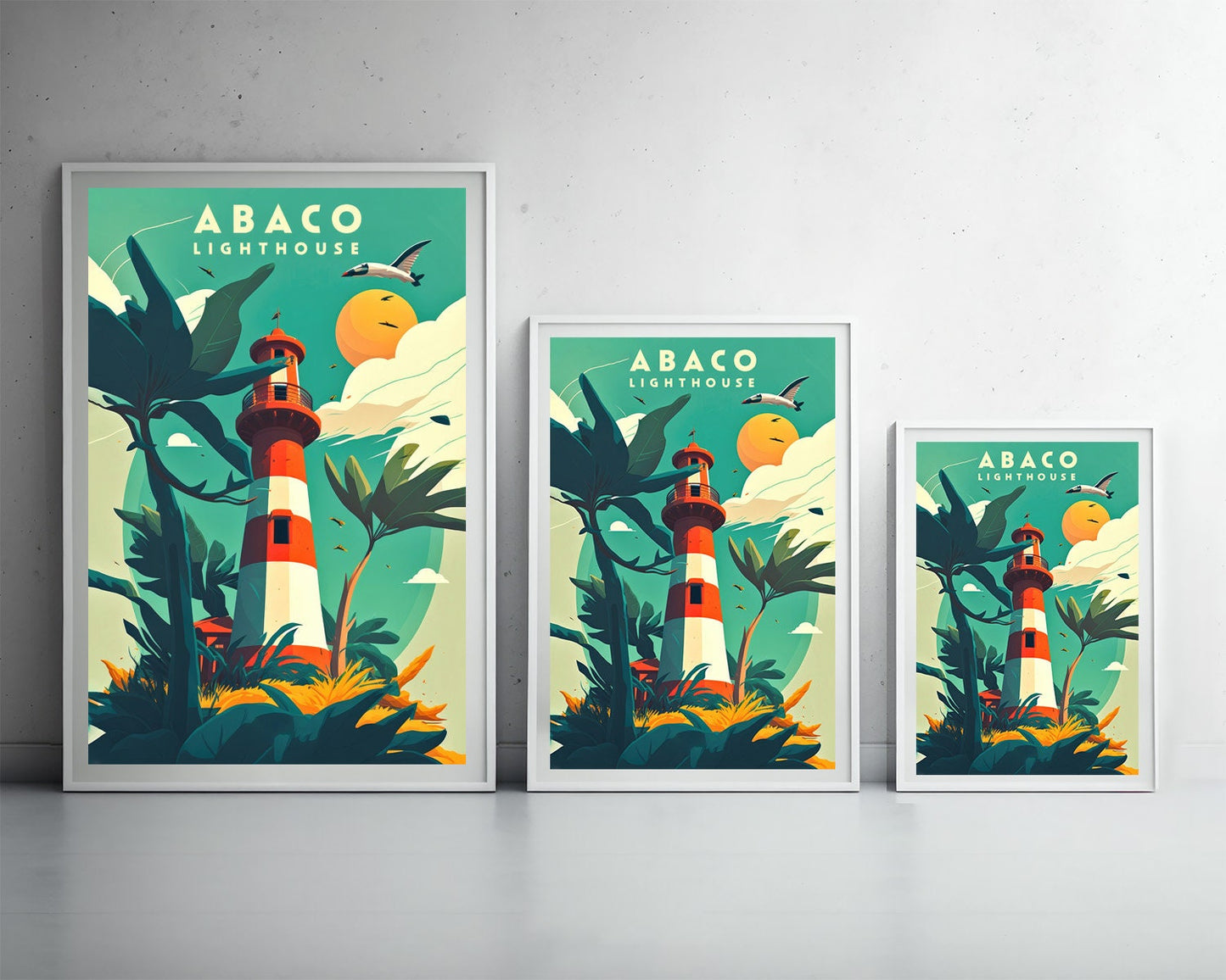 Framed Abaco Lighthouse Travel Poster in Portrait orientation, minimal background, close up wall art print 3