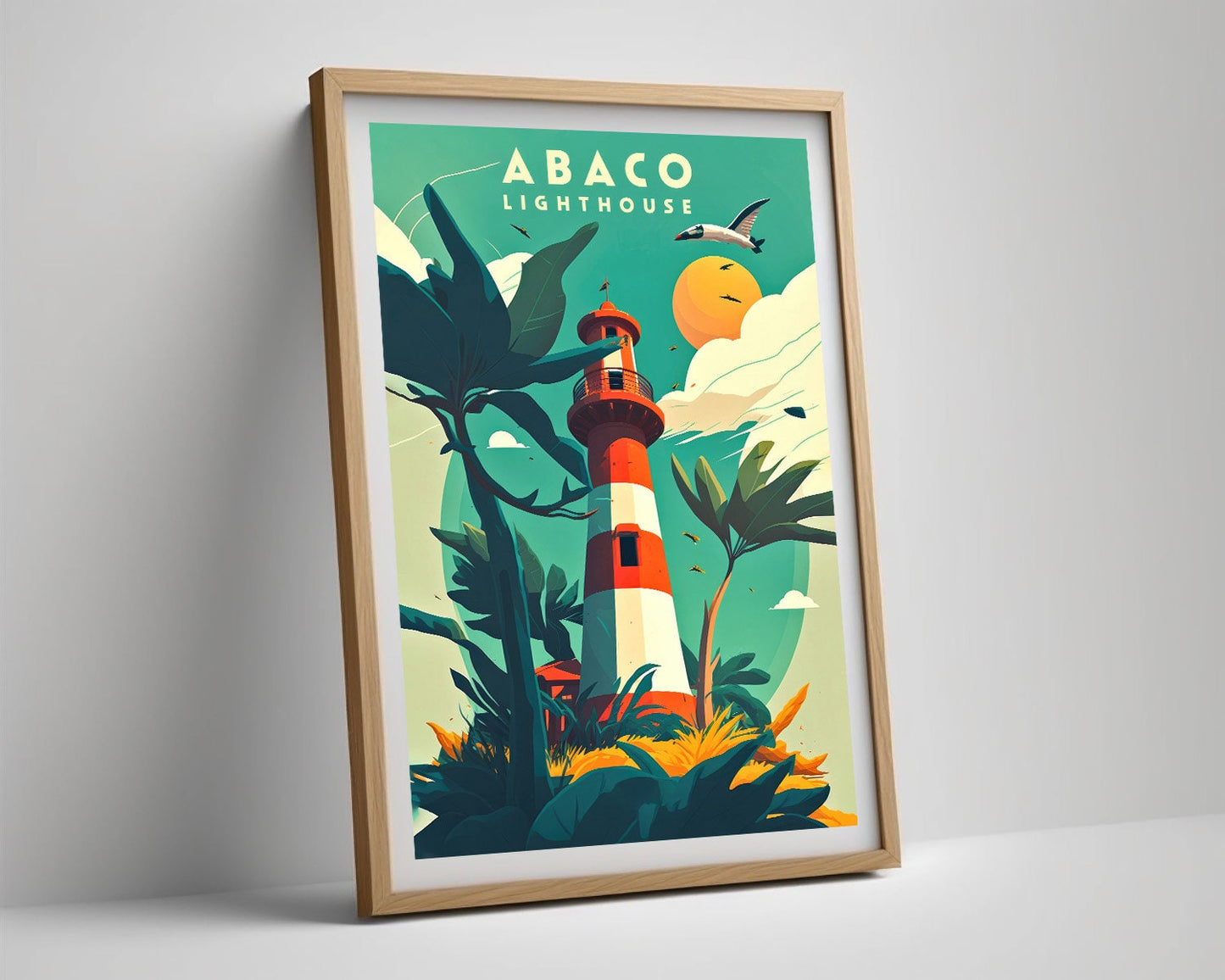 Framed Abaco Lighthouse Travel Poster in Portrait orientation, minimal background, close up wall art print 4