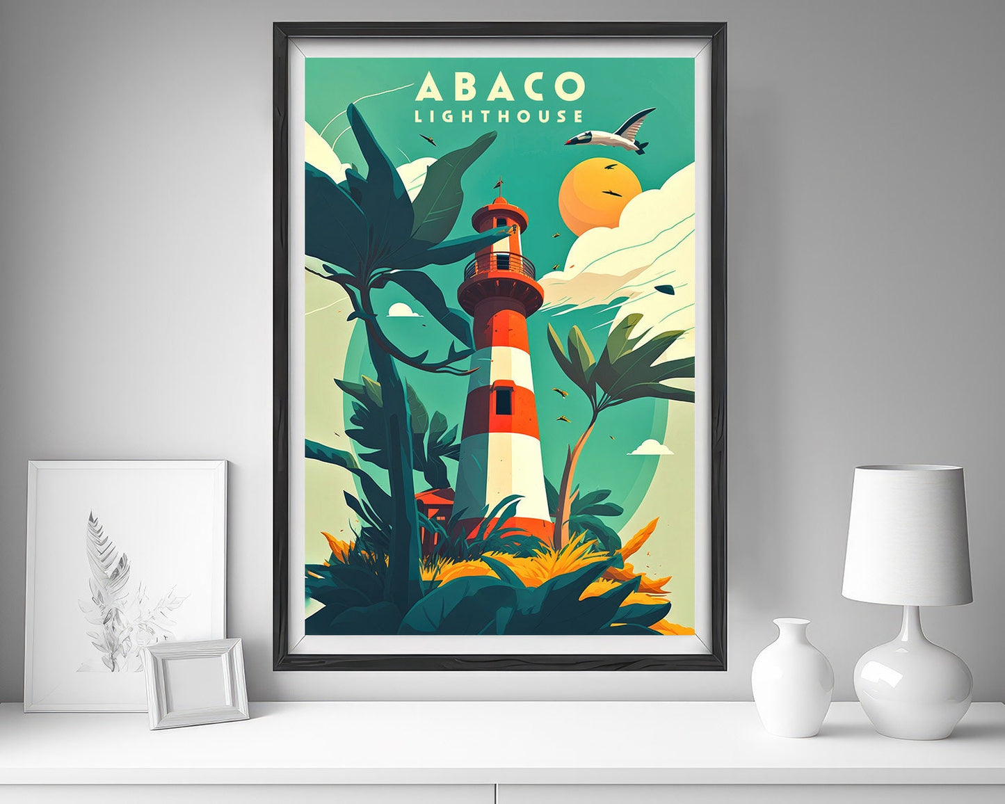 Framed Abaco Lighthouse Travel Poster in Portrait orientation, minimal background, close up wall art print 5