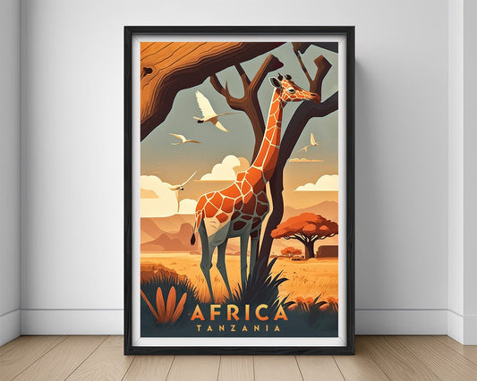 Framed Africa Tanzania Jungle Safari Travel Poster in Portrait orientation, minimal background, close up wall art print 1