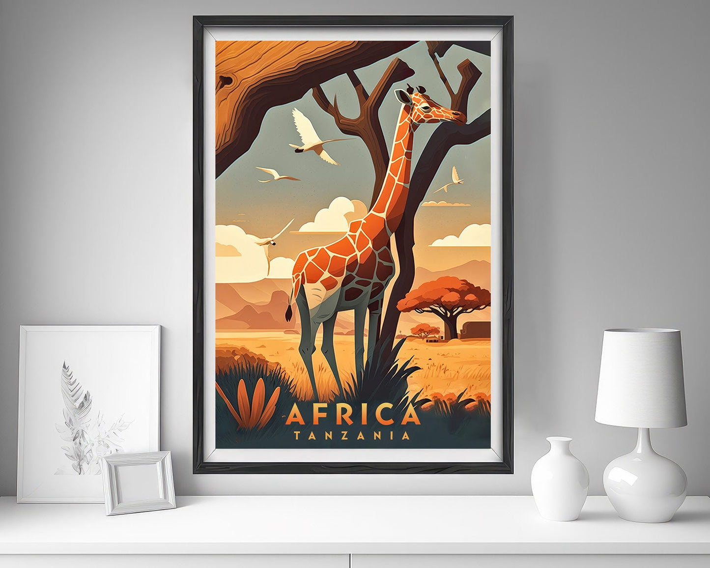 Framed Africa Tanzania Jungle Safari Travel Poster in Portrait orientation, minimal background, close up wall art print 5