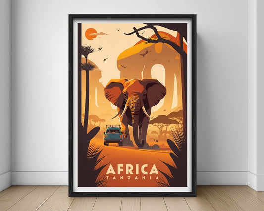 Framed Africa Tanzania Travel Poster in Portrait orientation, minimal background, close up wall art print 1