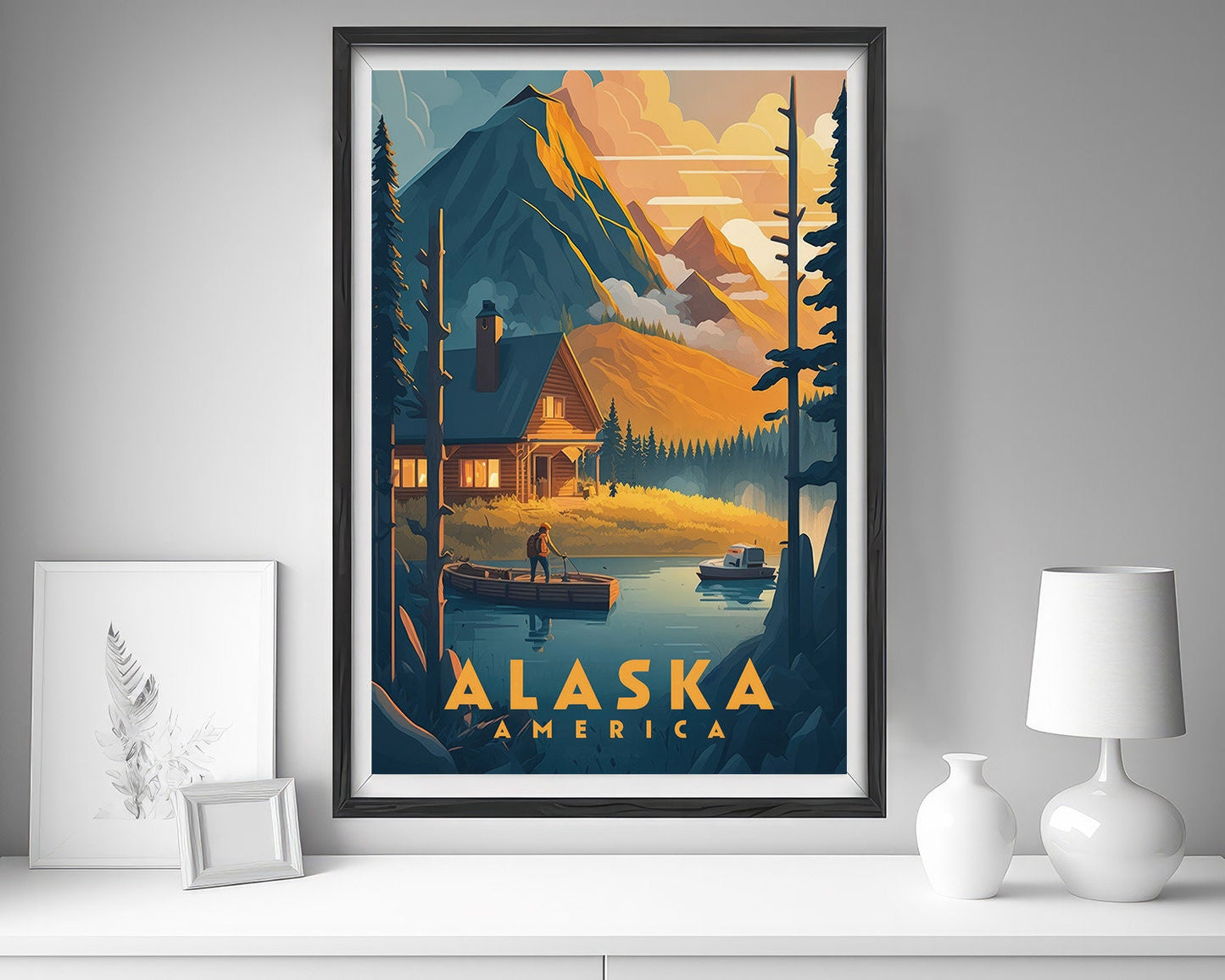 Framed Alaska America Travel Poster in Portrait orientation, minimal background, close up wall art print 5