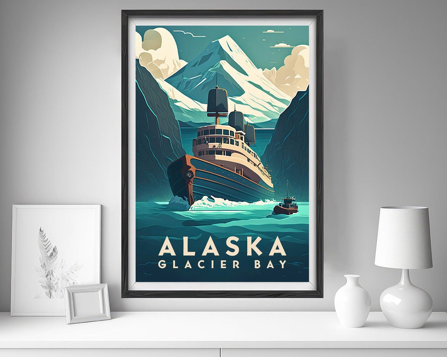 Framed Alaska Glacier Bay Travel Poster in Portrait orientation, minimal background, close up wall art print 5