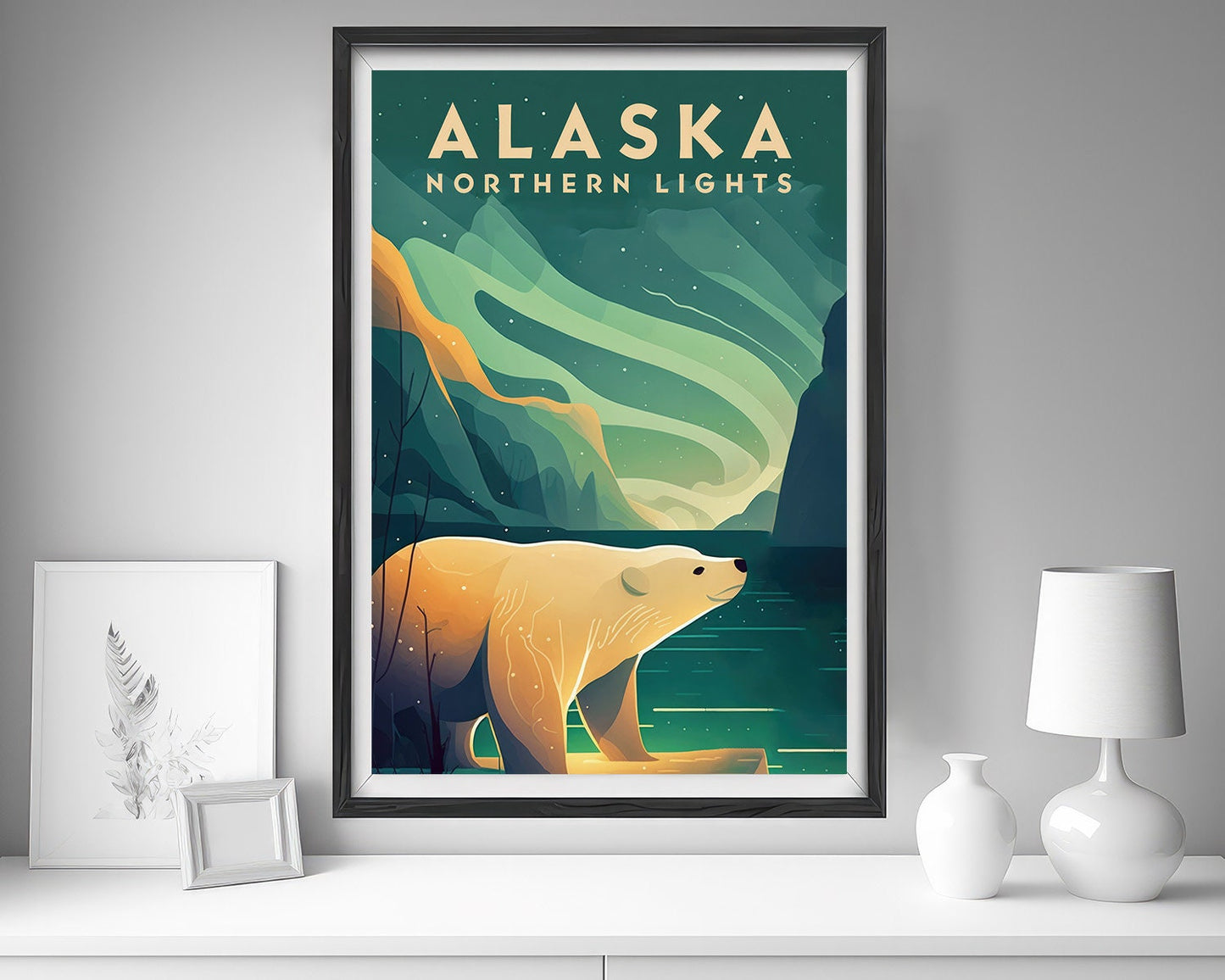 Framed Alaska Northern Lights Travel Poster in Portrait orientation, minimal background, close up wall art print 5