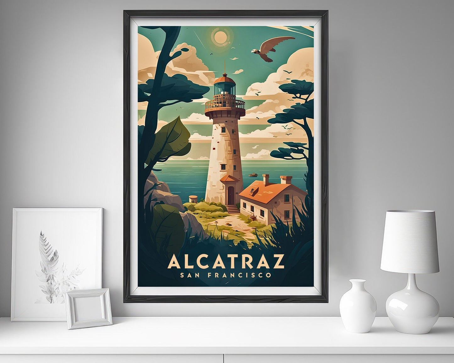 Framed Alcatraz Prison Travel Poster in Portrait orientation, minimal background, close up wall art print 5