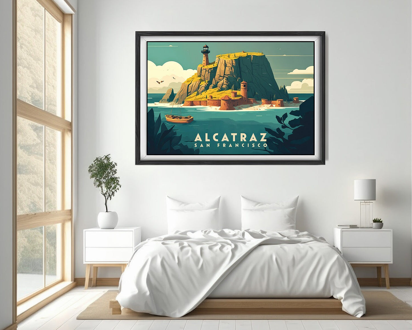 Framed Alcatraz San Francisco Prison Travel Poster in Landscape orientation, minimal background, close up wall art print 4