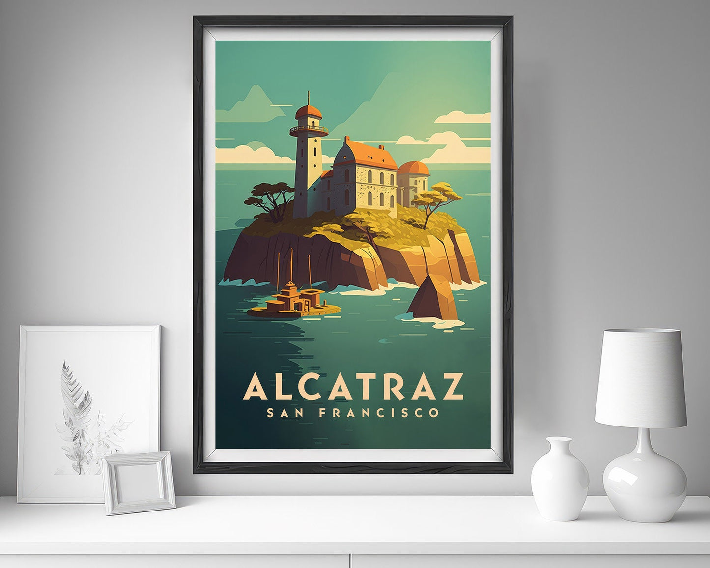 Framed Alcatraz San Francisco Travel Poster in Portrait orientation, minimal background, close up wall art print 5