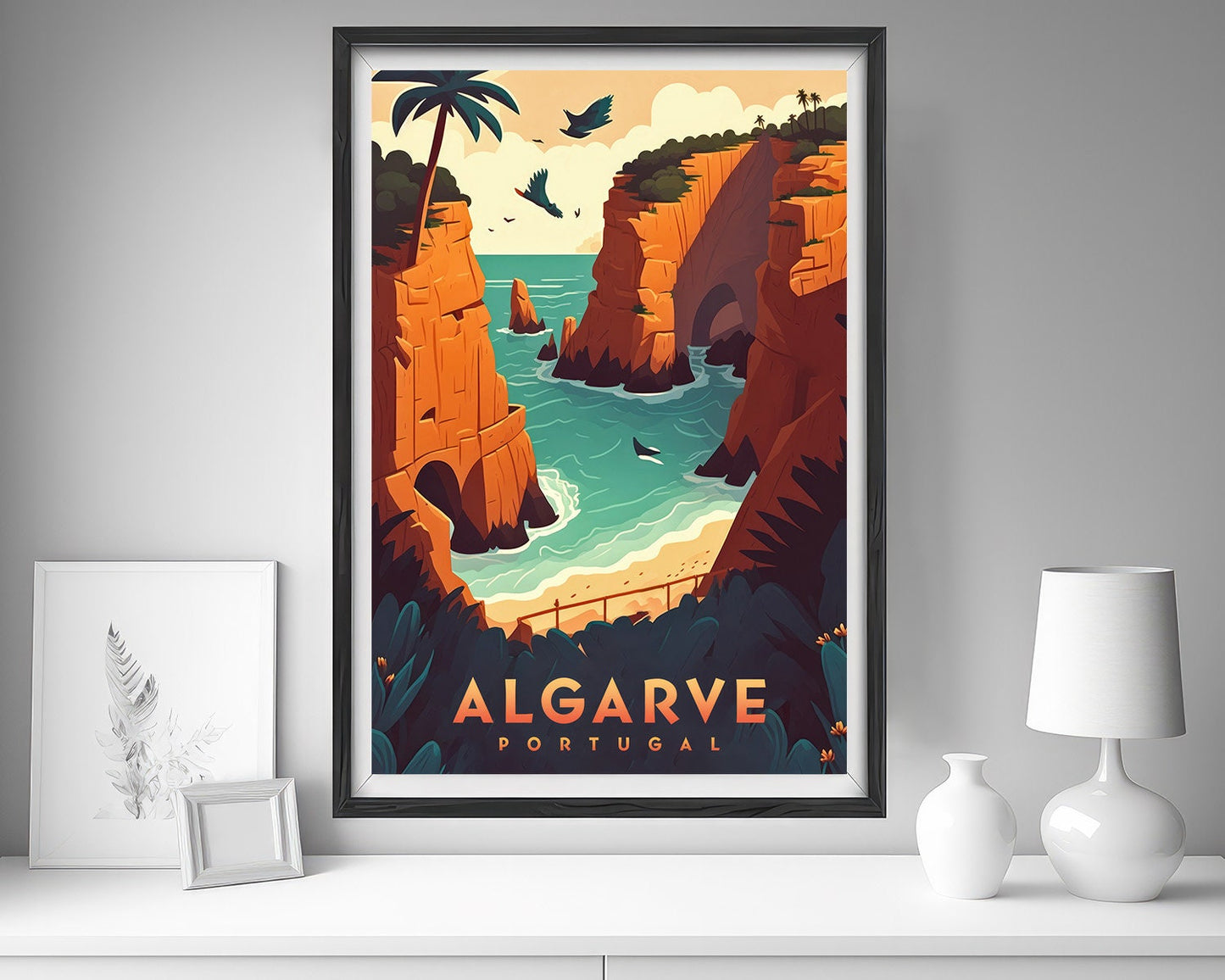 Framed Algarve Portugal Travel Poster in Portrait orientation, minimal background, close up wall art print 5