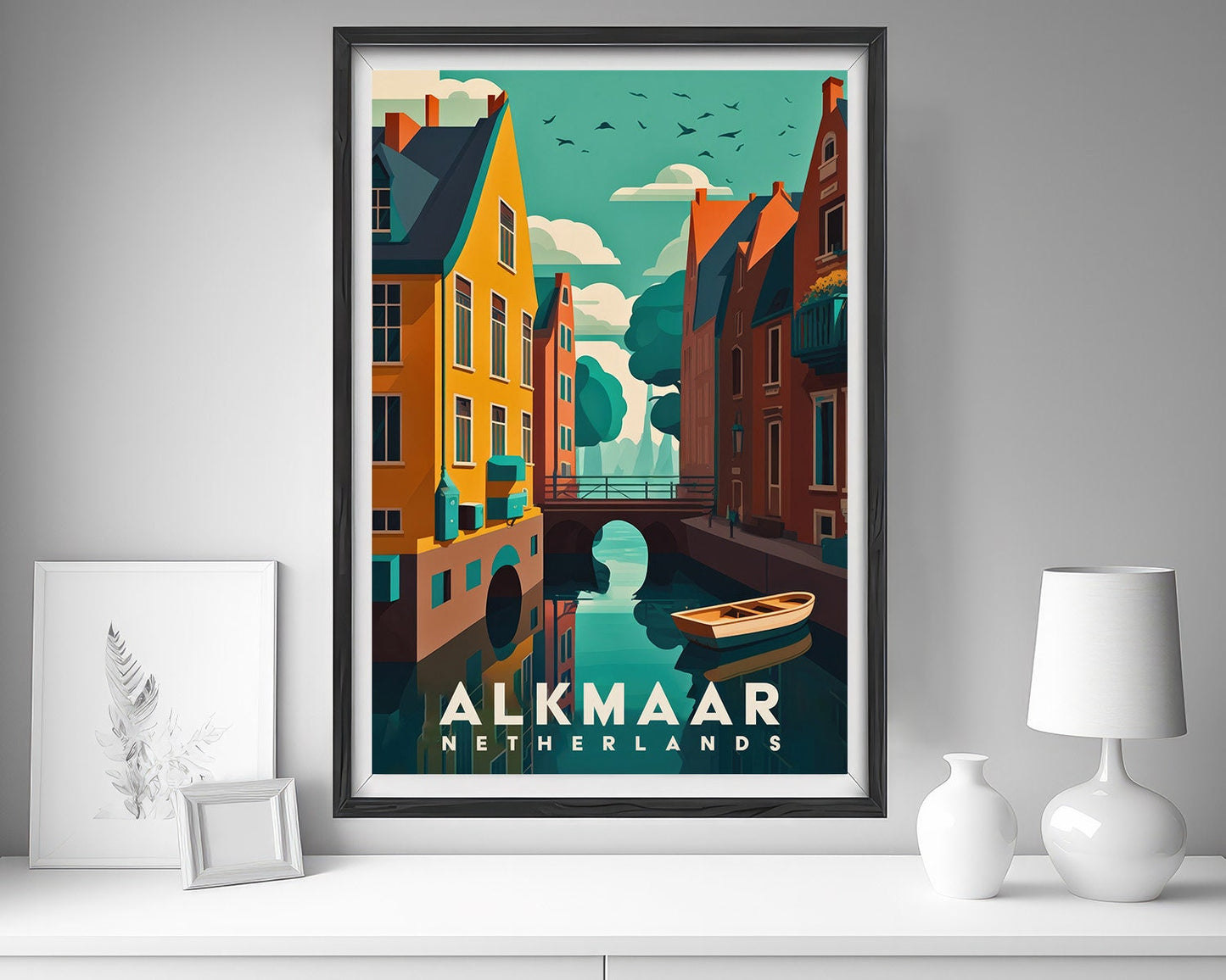 Framed Alkmaar Netherlands Travel Poster in Portrait orientation, minimal background, close up wall art print 5