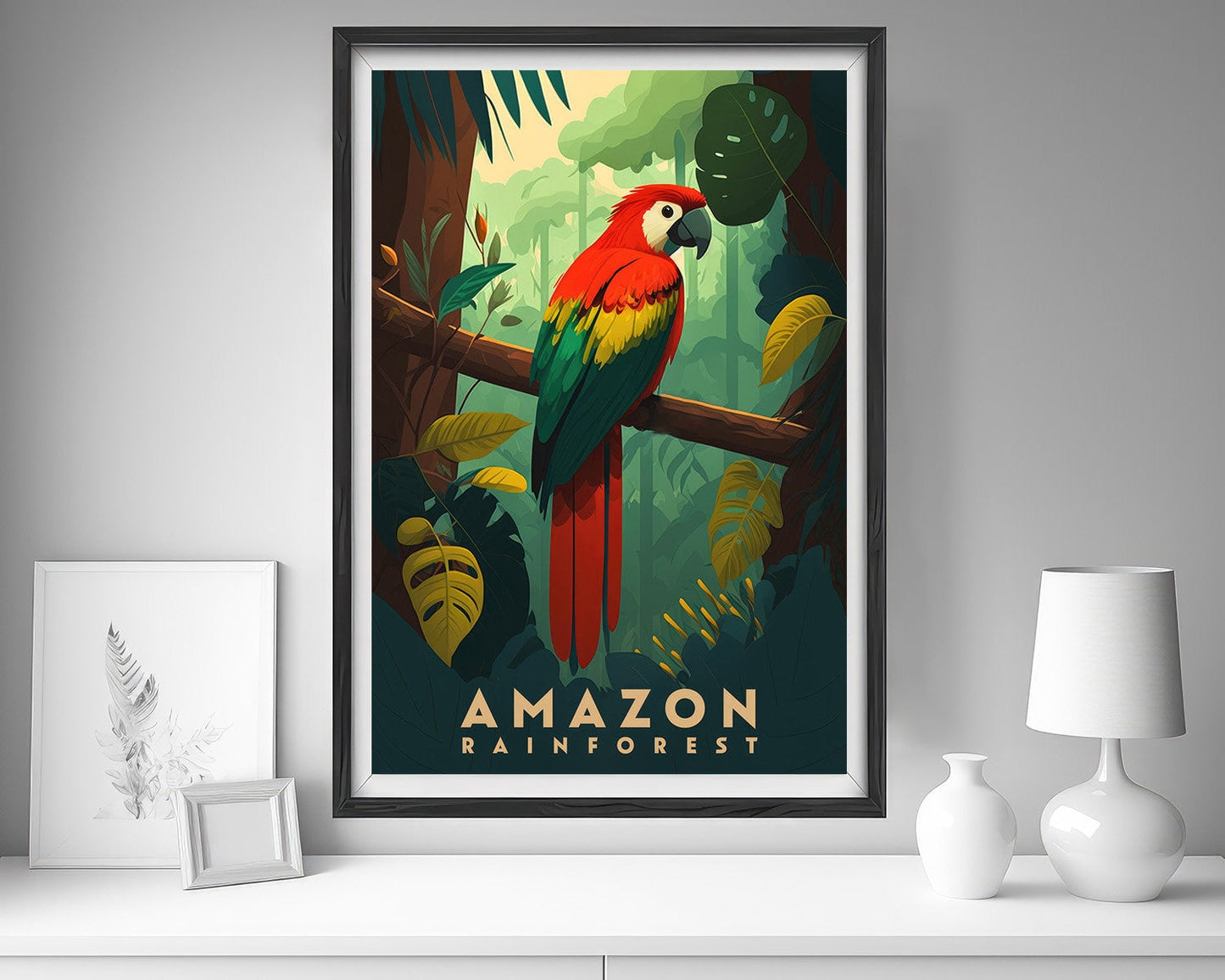 Framed Amazon Jungle Travel Poster in Portrait orientation, minimal background, close up wall art print 5