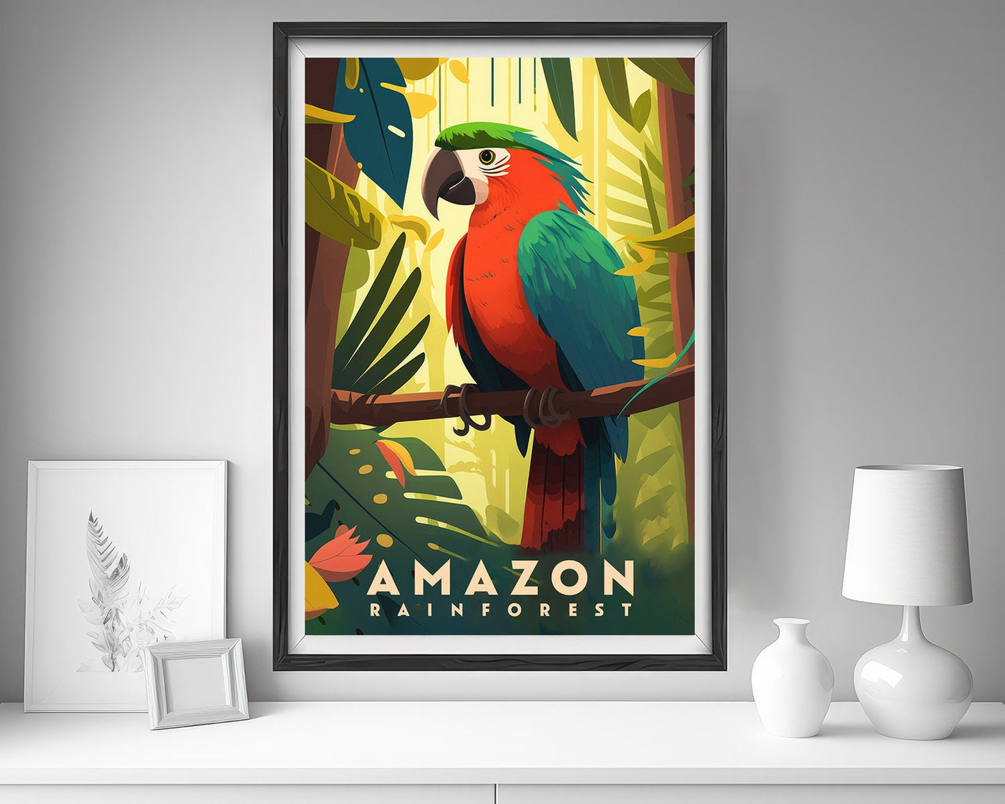 Framed Amazon Rainforest South America Travel Poster in Portrait orientation, minimal background, close up wall art print 5