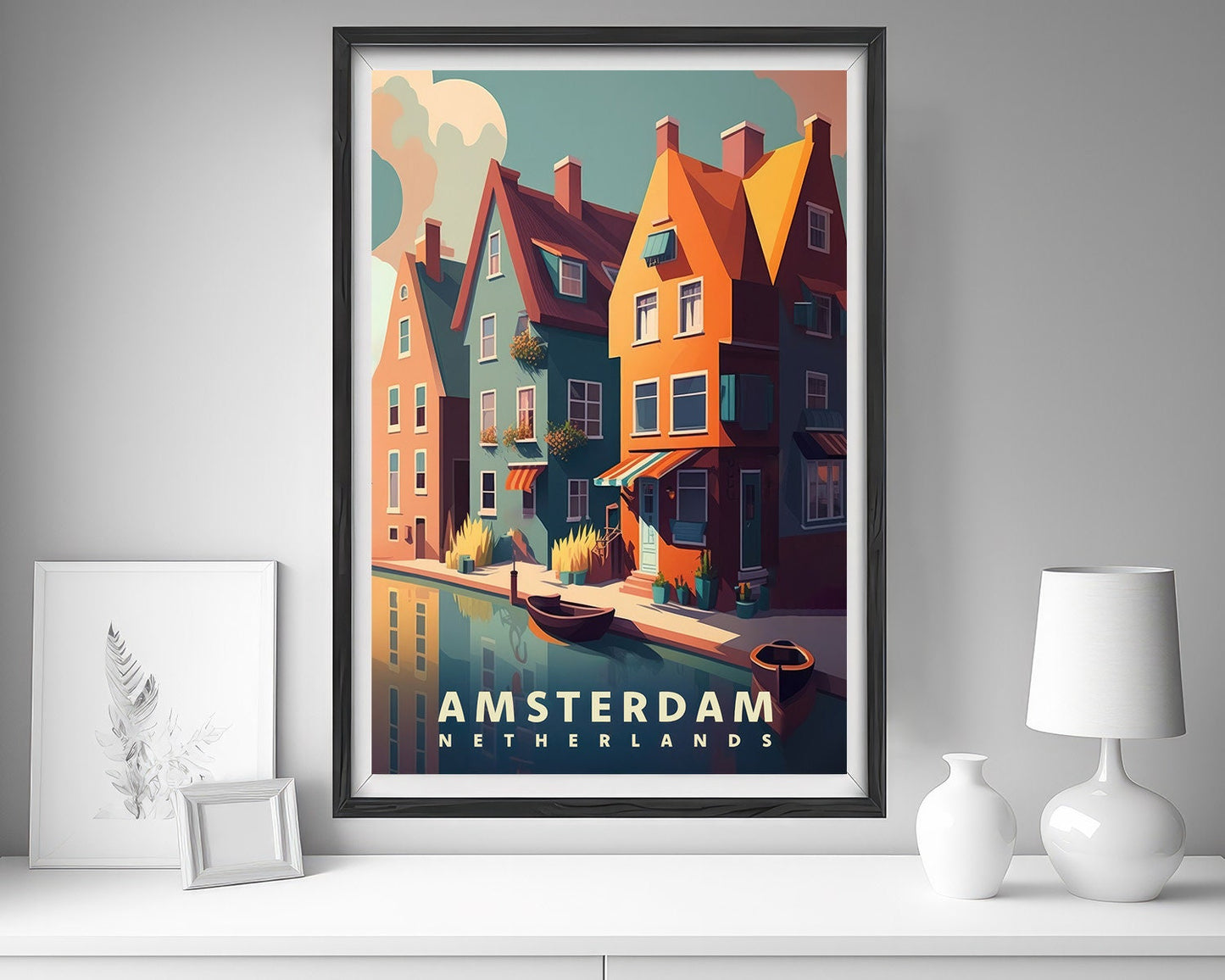 Framed Amsterdam Netherlands Travel Poster in Portrait orientation, minimal background, close up wall art print 5