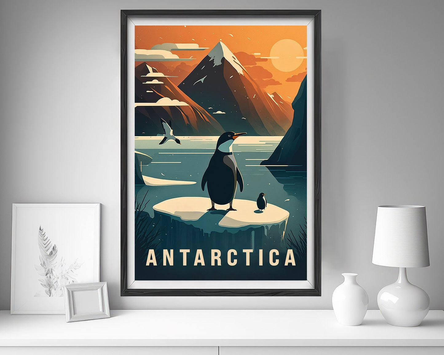 Framed Antarctica Iceberg Travel Poster in Portrait orientation, minimal background, close up wall art print 5
