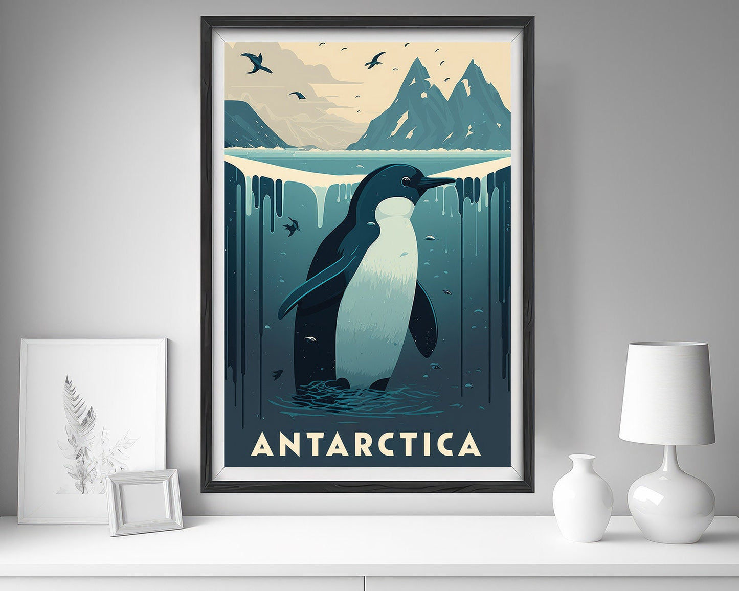 Framed Antarctica South Pole Travel Poster in Portrait orientation, minimal background, close up wall art print 5