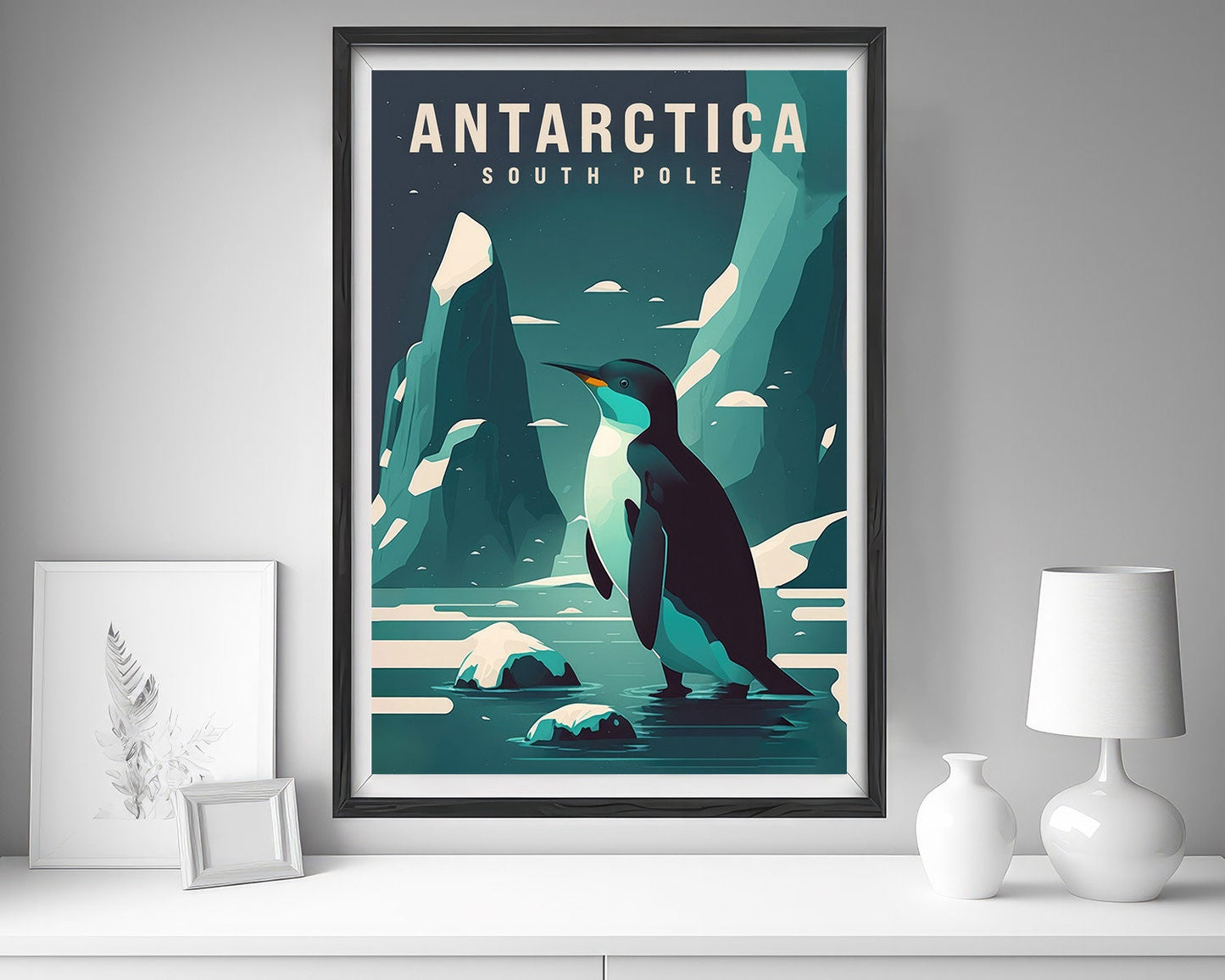 Framed Antarctica Travel Poster in Portrait orientation, minimal background, close up wall art print 5