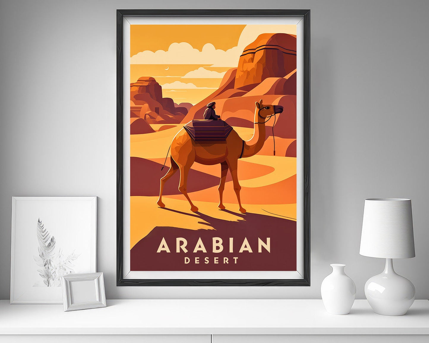 Framed Arabian Desert Travel Poster in Portrait orientation, minimal background, close up wall art print 5