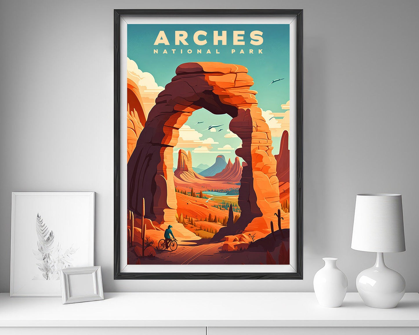 Framed Arches National Park USA Travel Poster in Portrait orientation, minimal background, close up wall art print 5