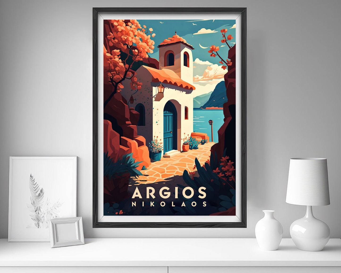 Framed Argios Nikolaos Travel Poster in Portrait orientation, minimal background, close up wall art print 5