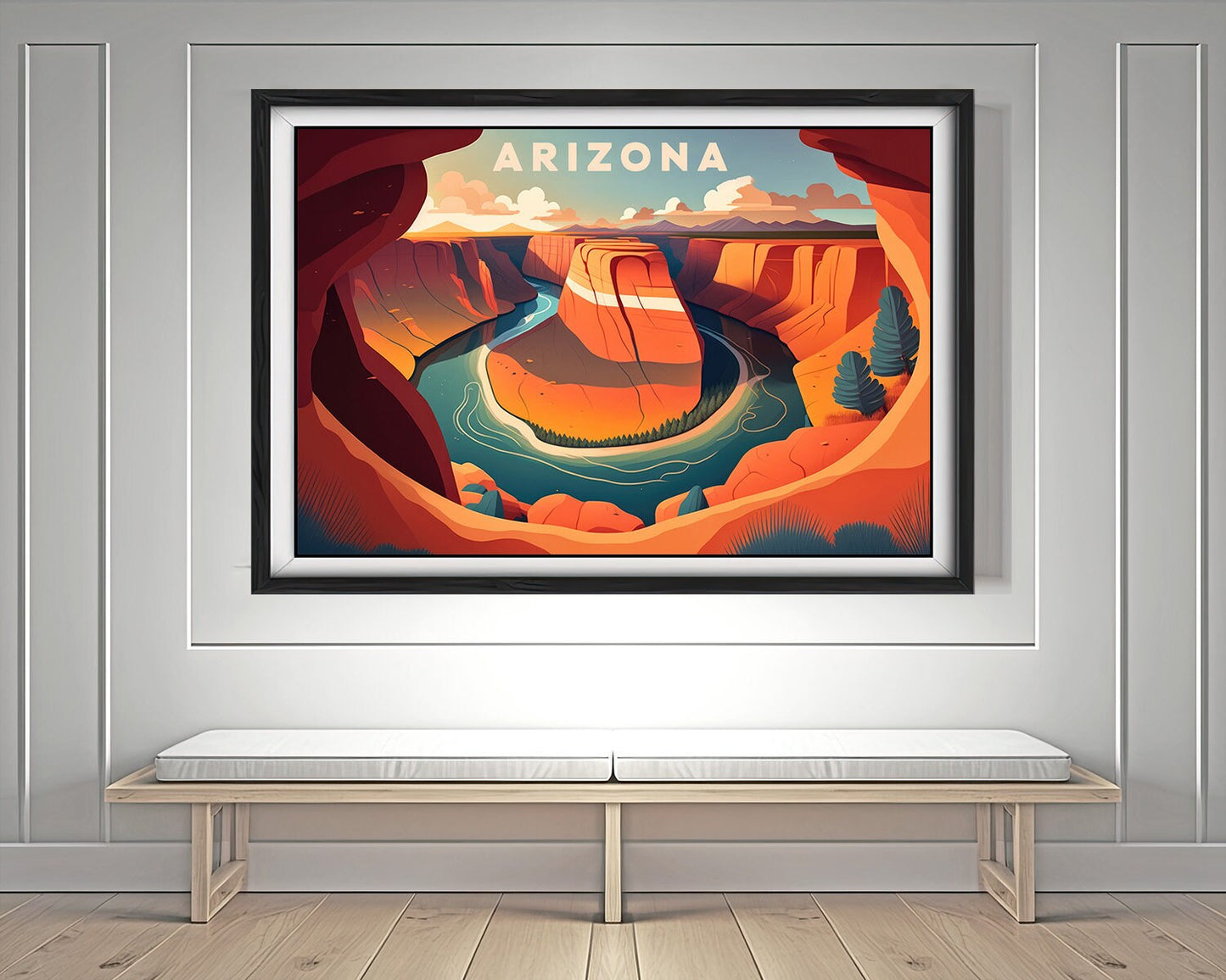 Framed Arizona Horseshoe Bend Travel Poster in Landscape orientation, minimal background, close up wall art print 4