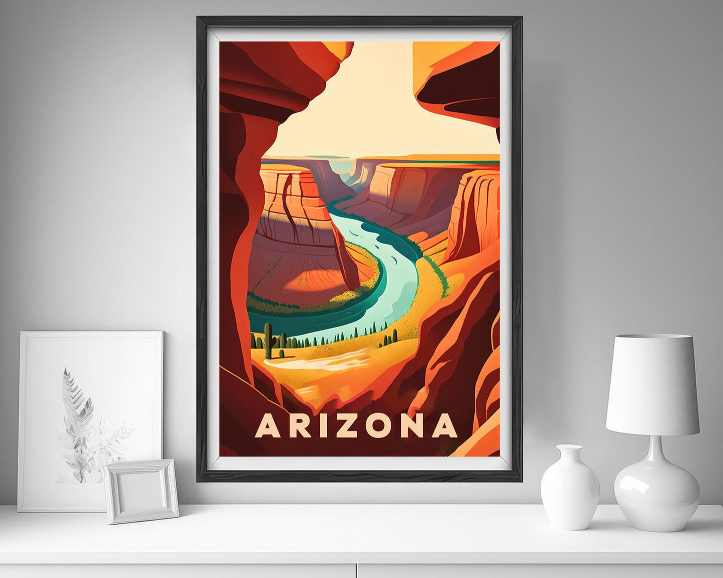 Framed Arizona Horseshoe Bend United States Travel Poster in Portrait orientation, minimal background, close up wall art print 5