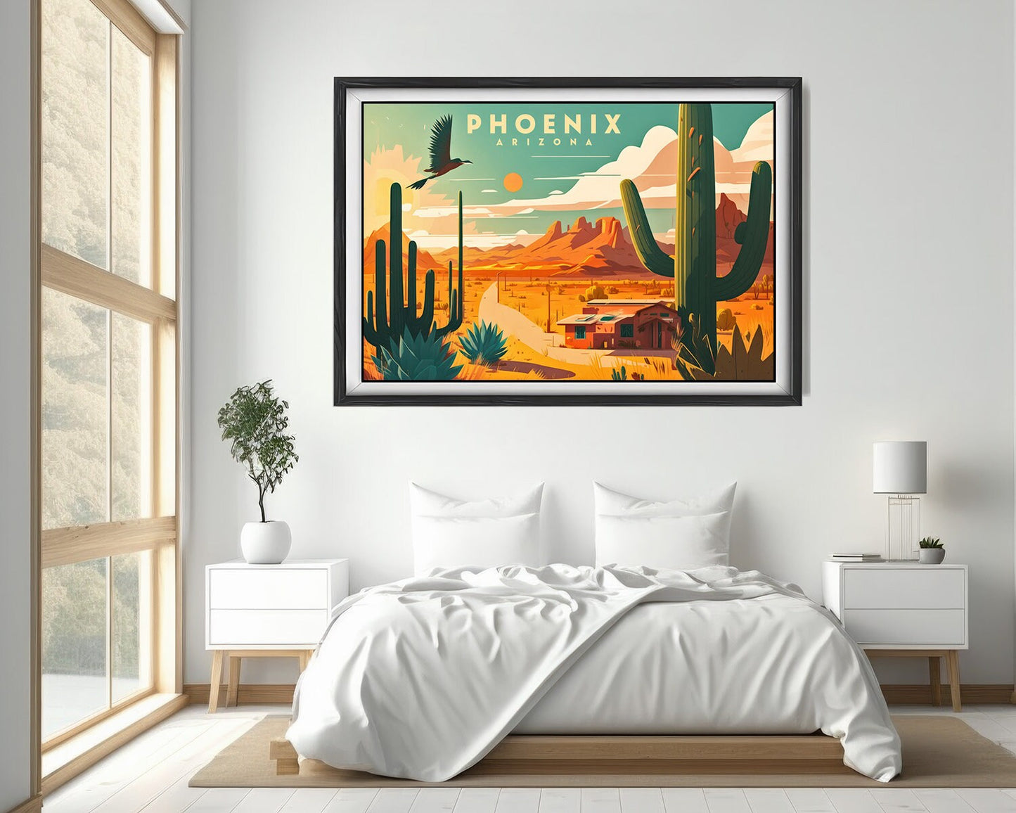 Framed Arizona Phoenix Travel Poster in Landscape orientation, minimal background, close up wall art print 4