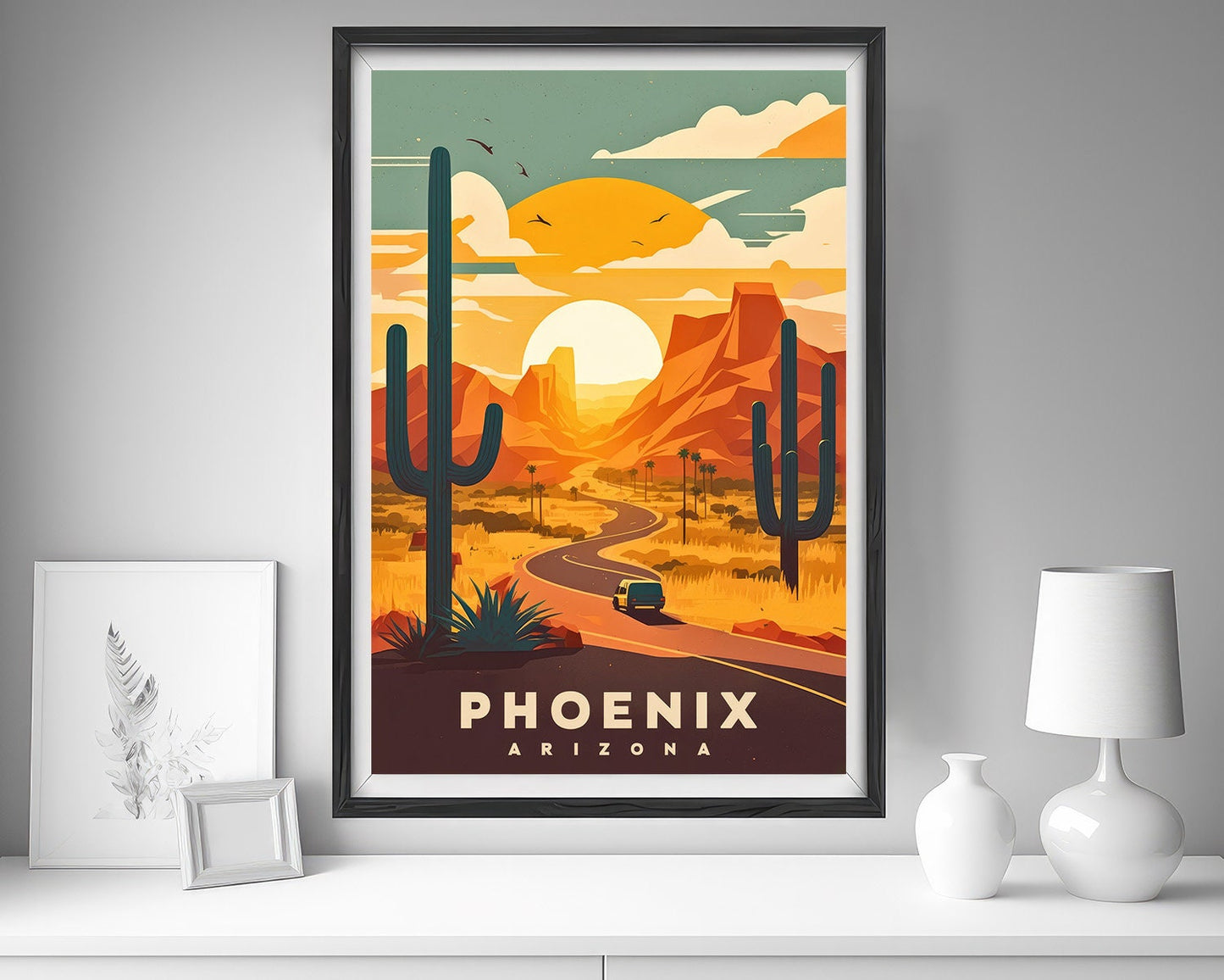 Framed Arizona Phoenix USA Travel Poster in Portrait orientation, minimal background, close up wall art print 5
