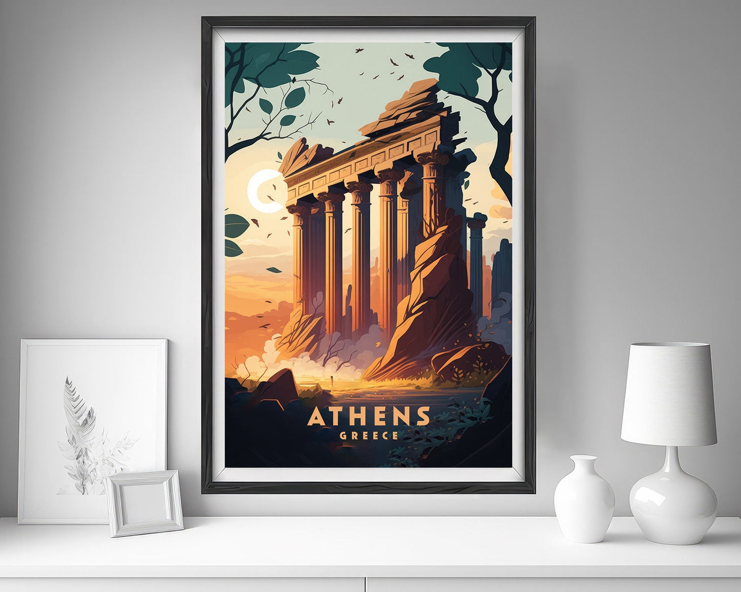 Framed Athens Greece Europe Travel Poster in Portrait orientation, minimal background, close up wall art print 5