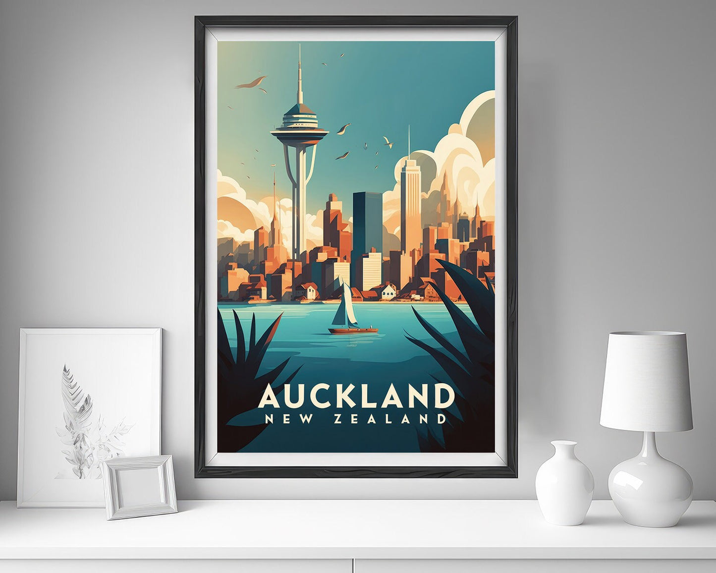 Framed Auckland City Skyline New Zealand Travel Poster in Portrait orientation, minimal background, close up wall art print 5