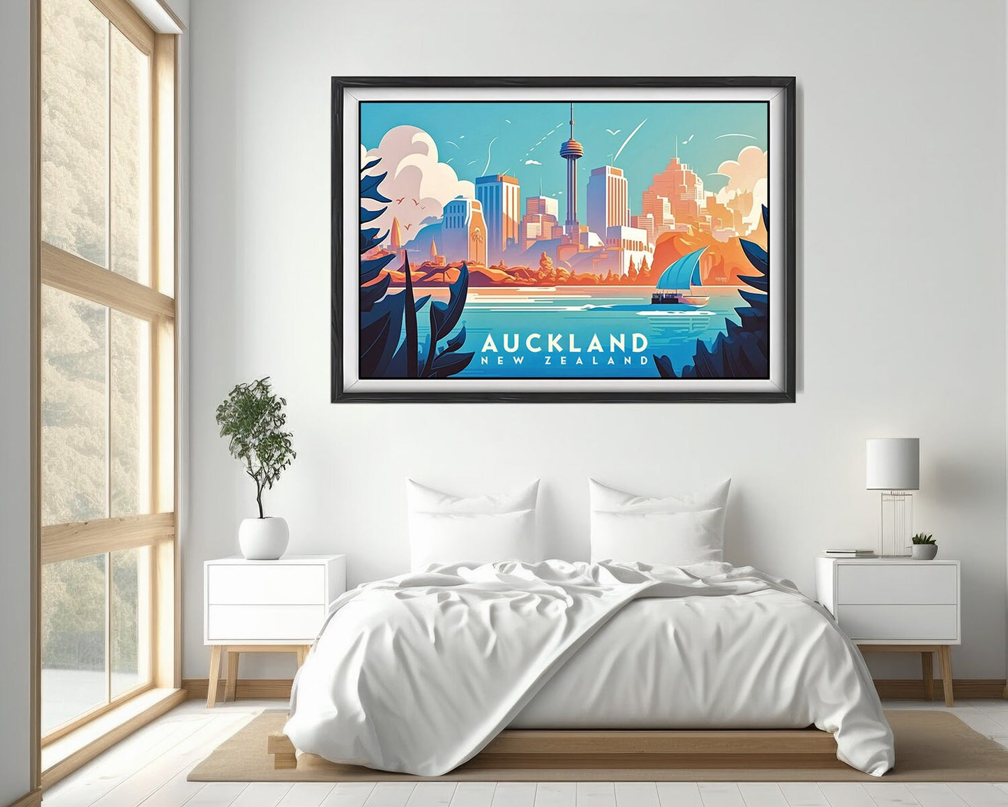 Framed Auckland New Zealand Travel Poster in Landscape orientation, minimal background, close up wall art print 4