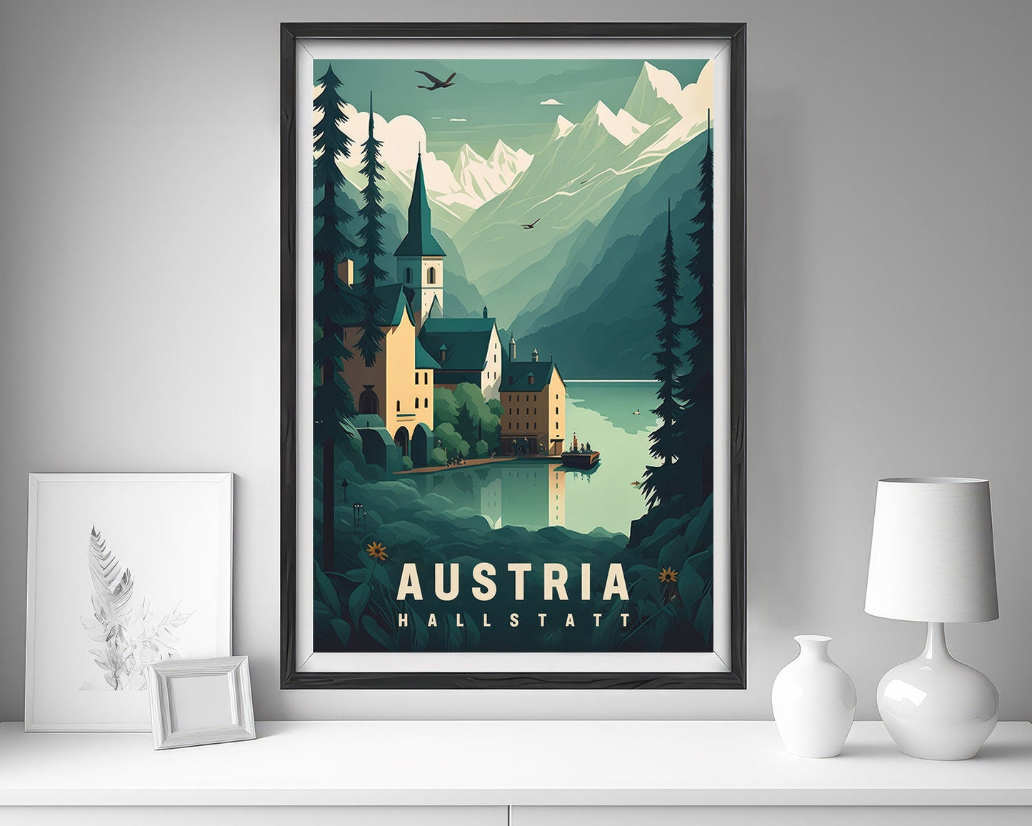 Framed Austria Hallstatt Travel Poster in Portrait orientation, minimal background, close up wall art print 5