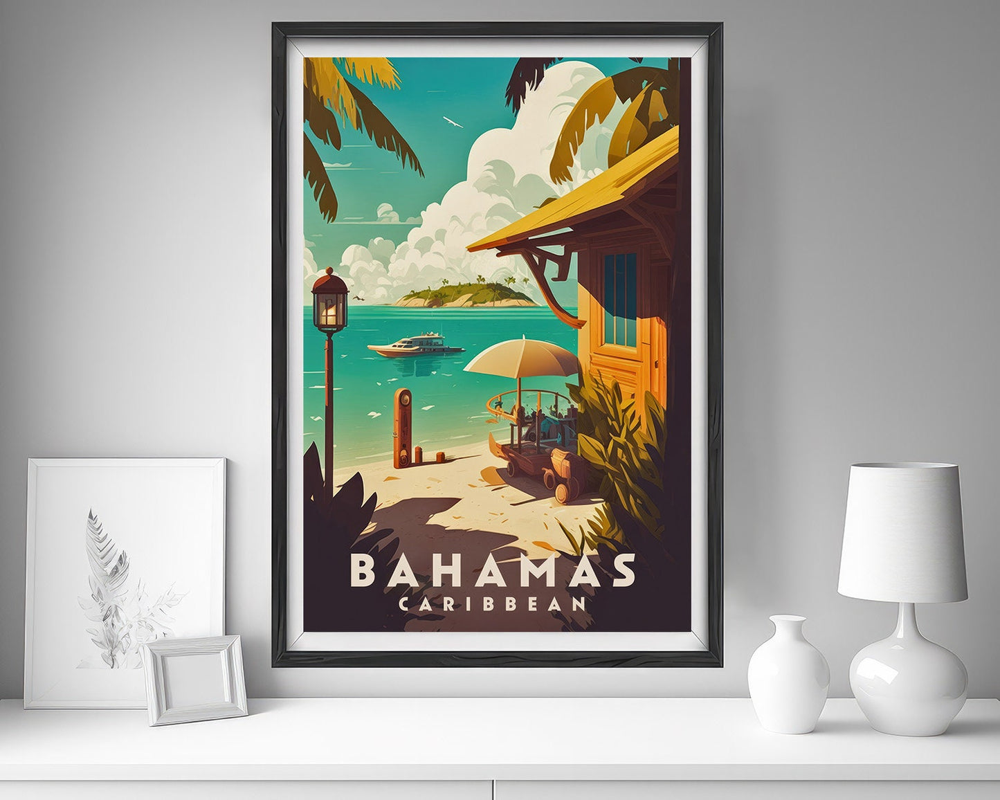 Framed Bahamas Caribbean Travel Poster in Portrait orientation, minimal background, close up wall art print 5