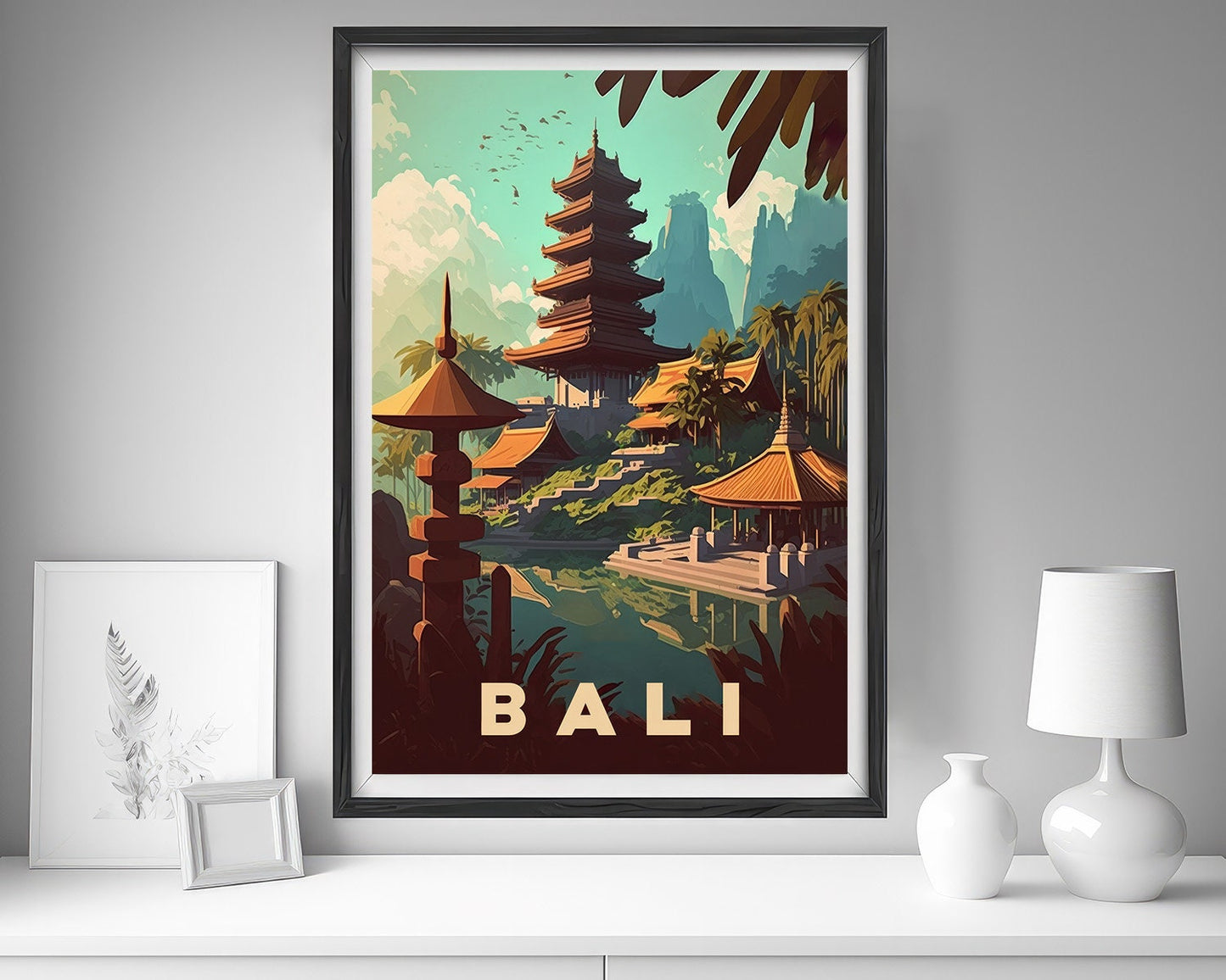 Framed Bali Indonesia Travel Poster in Portrait orientation, minimal background, close up wall art print 5
