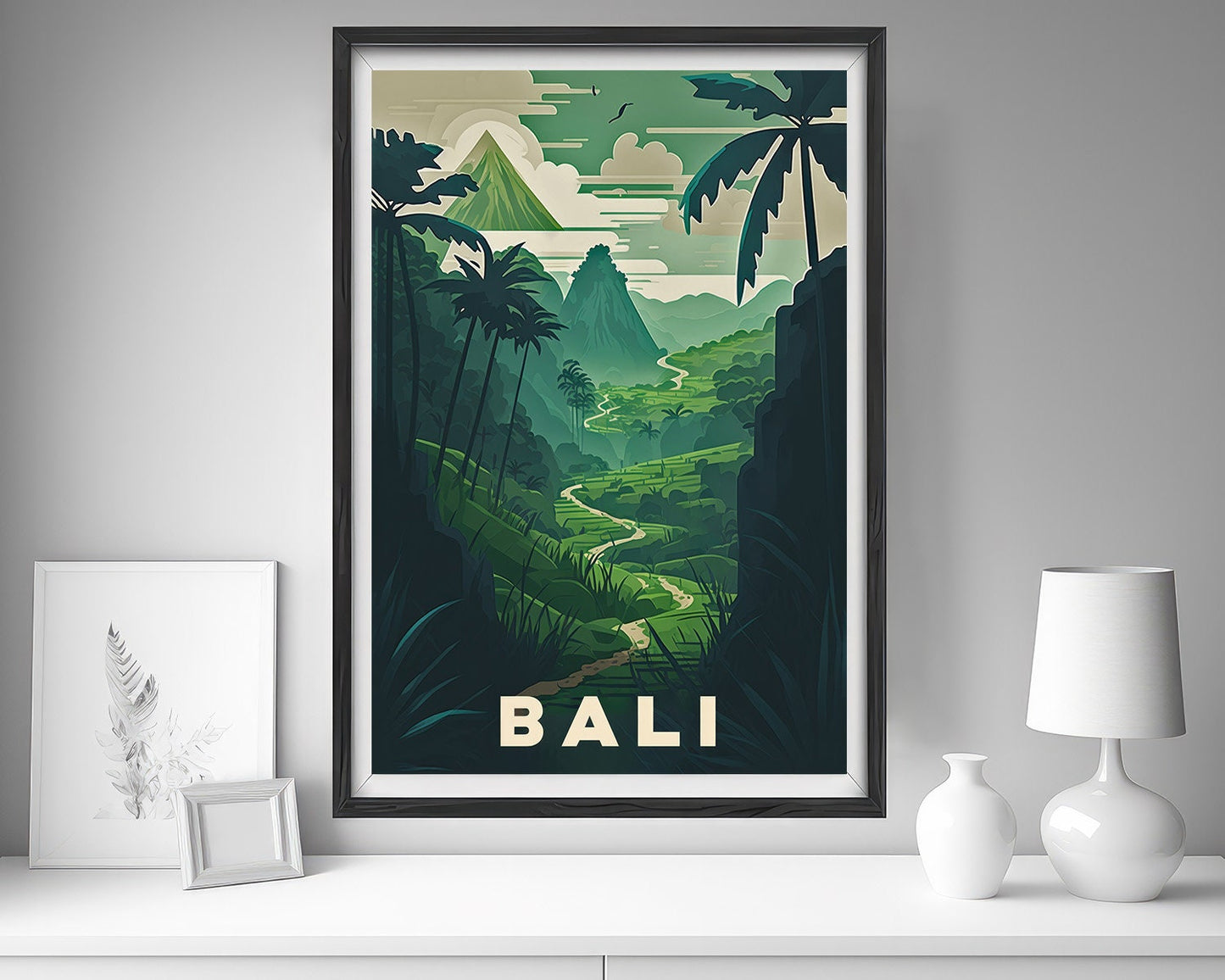 Framed Bali Indonesia Ubud Travel Poster in Portrait orientation, minimal background, close up wall art print 5