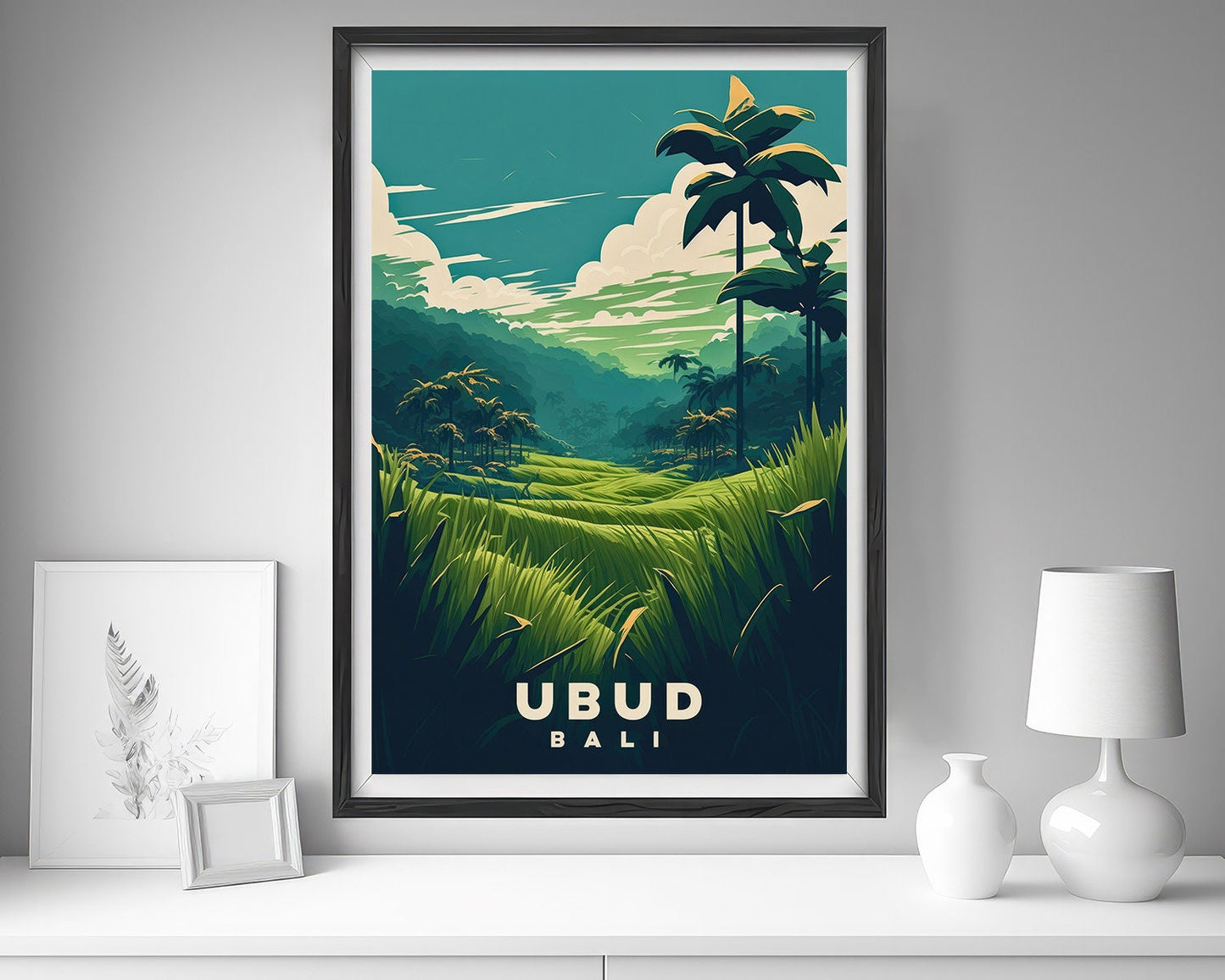 Framed Bali Ubud Indonesia Travel Poster in Portrait orientation, minimal background, close up wall art print 5