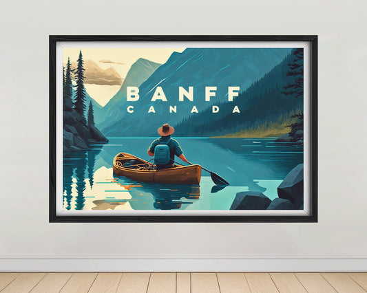 Framed Banff Canada National Park Travel Poster in Landscape orientation, minimal background, close up wall art print 1