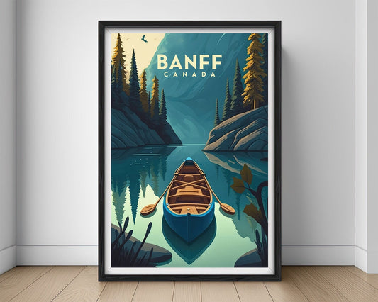 Framed Banff Canada Travel Poster in Portrait orientation, minimal background, close up wall art print 1