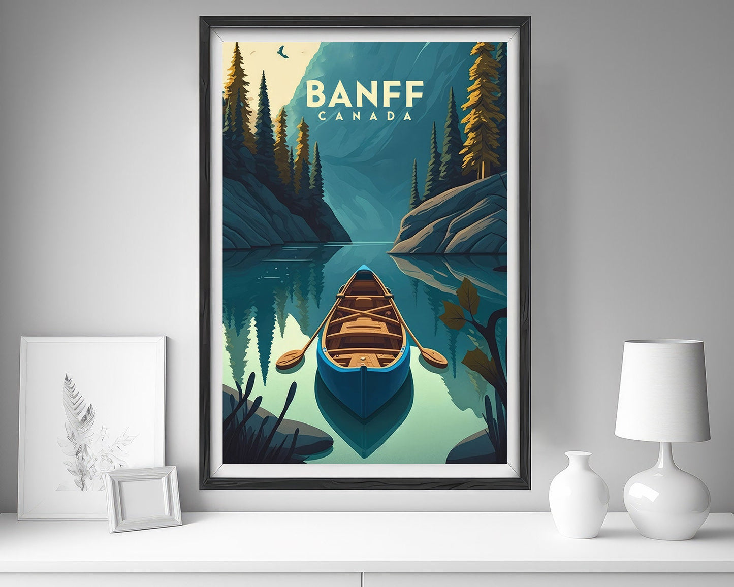 Framed Banff Canada Travel Poster in Portrait orientation, minimal background, close up wall art print 5