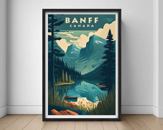 Framed Banff National Park Canada Travel Poster in Portrait orientation, minimal background, close up wall art print 1
