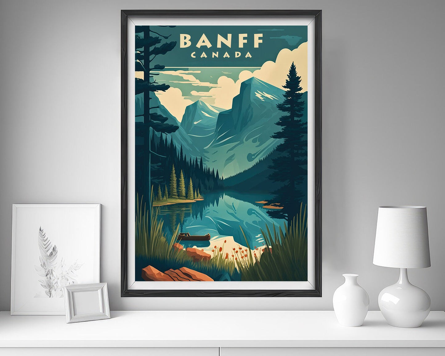 Framed Banff National Park Canada Travel Poster in Portrait orientation, minimal background, close up wall art print 5
