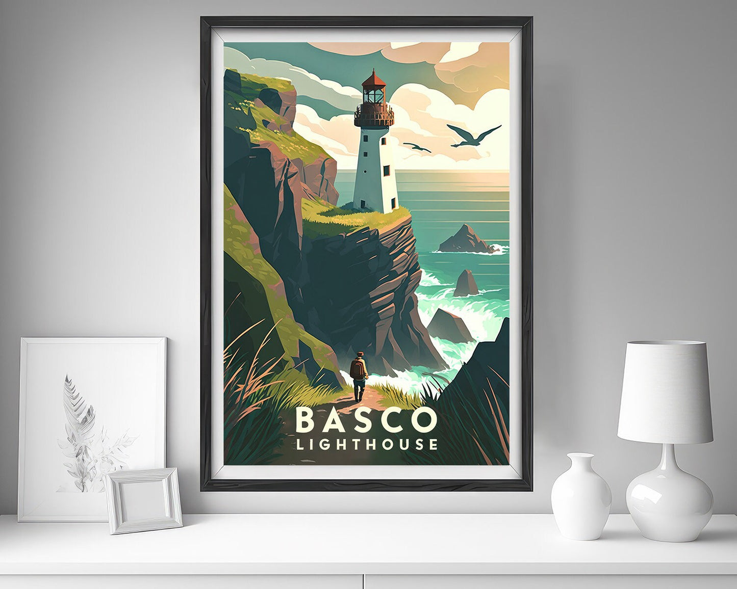 Framed Basco Lighthouse Travel Poster in Portrait orientation, minimal background, close up wall art print 5