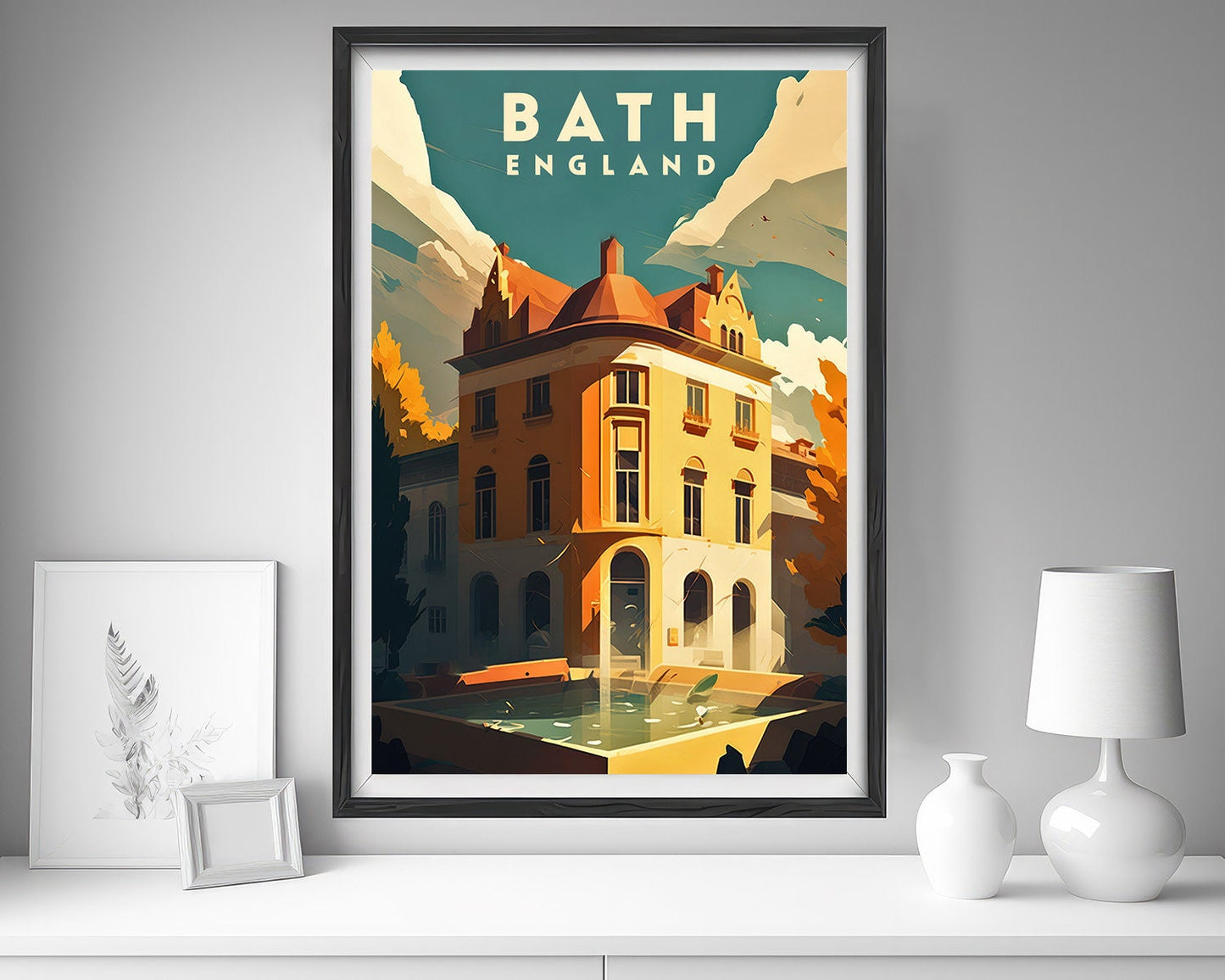 Framed Bath England UK Travel Poster in Portrait orientation, minimal background, close up wall art print 5