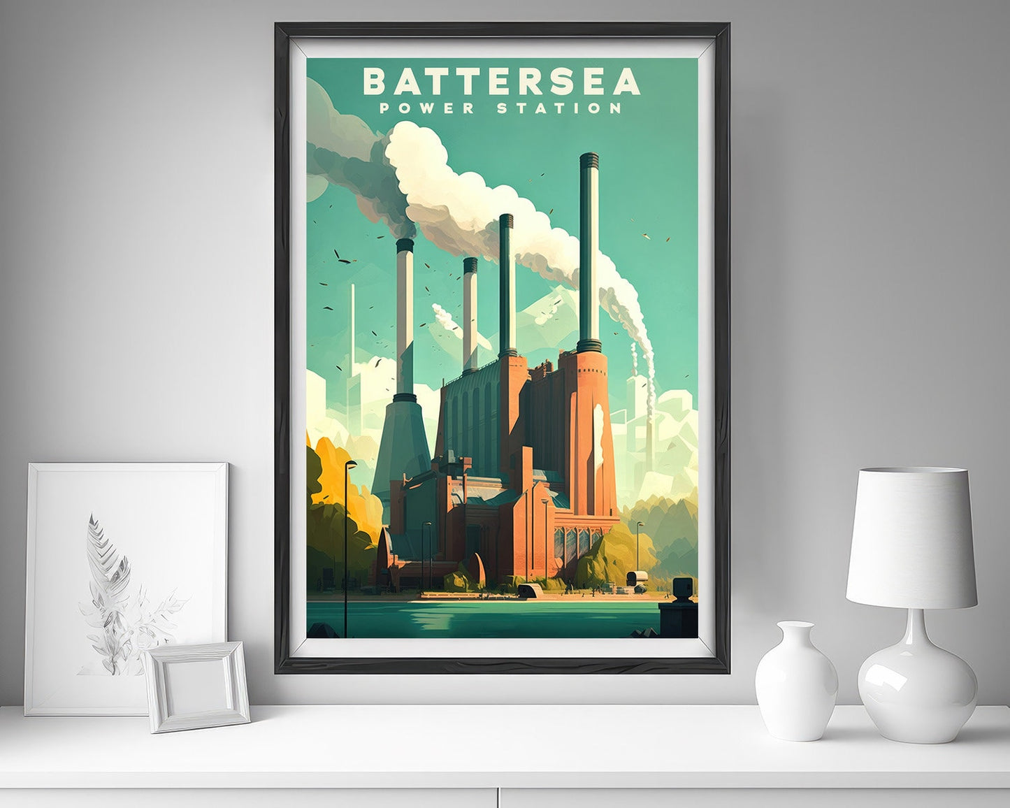 Framed Battersea Power Station Travel Poster in Portrait orientation, minimal background, close up wall art print 5