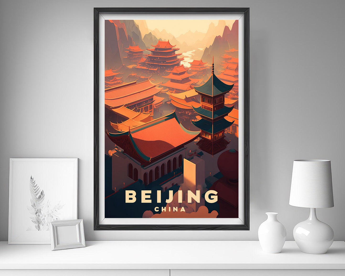 Framed Beijing China Great Wall Travel Poster in Portrait orientation, minimal background, close up wall art print 5