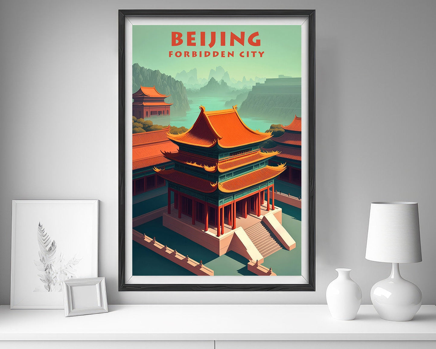Framed Beijing Forbidden City China Travel Poster in Portrait orientation, minimal background, close up wall art print 5