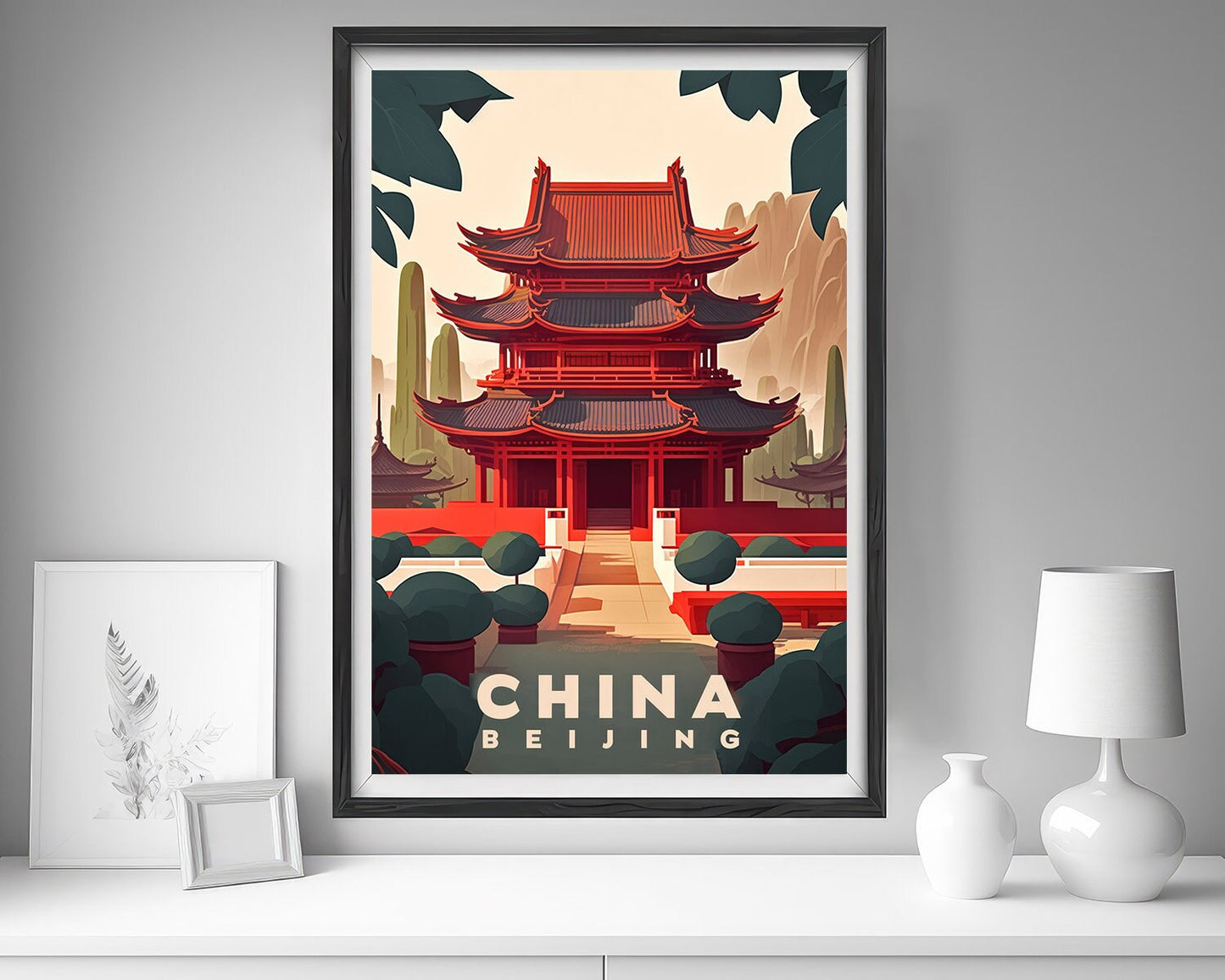 Framed Beijing Forbidden City Travel Poster in Portrait orientation, minimal background, close up wall art print 5