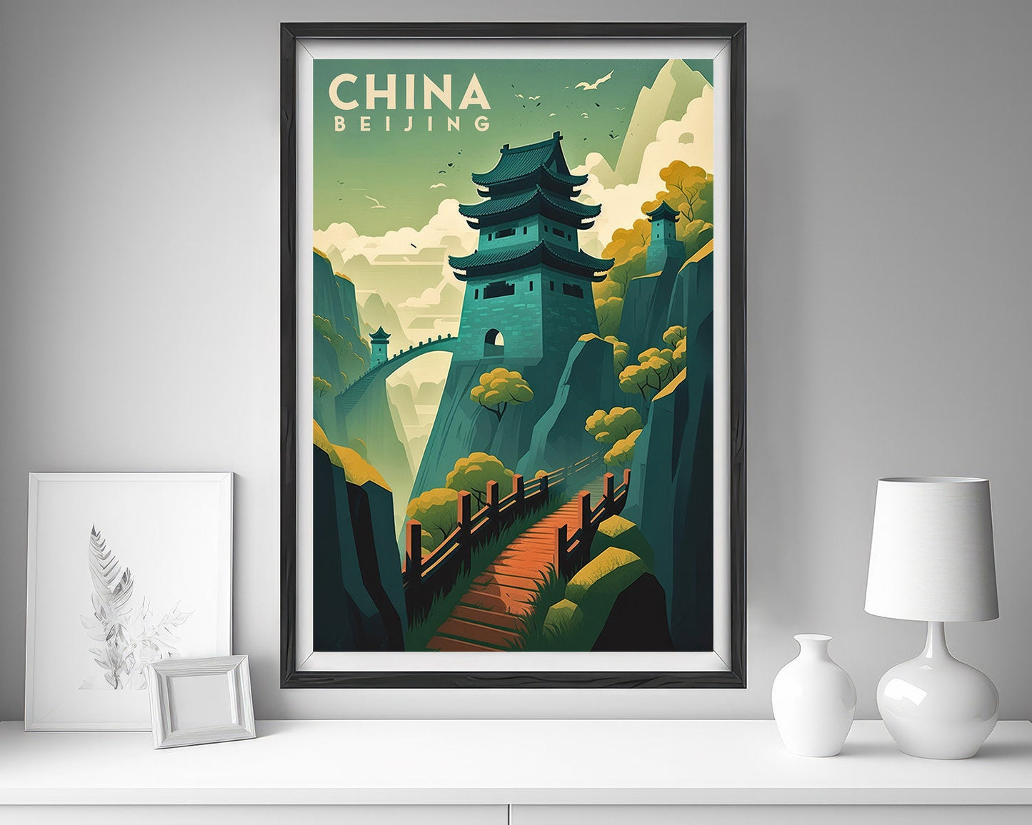 Framed Beijing Great Wall Of China Travel Poster in Portrait orientation, minimal background, close up wall art print 5