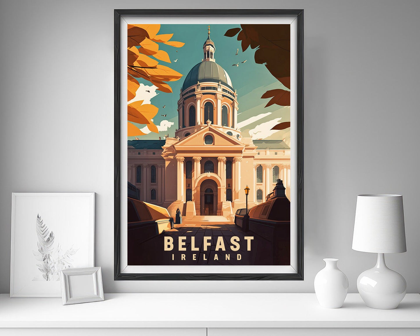 Framed Belfast Ireland Travel Poster in Portrait orientation, minimal background, close up wall art print 5